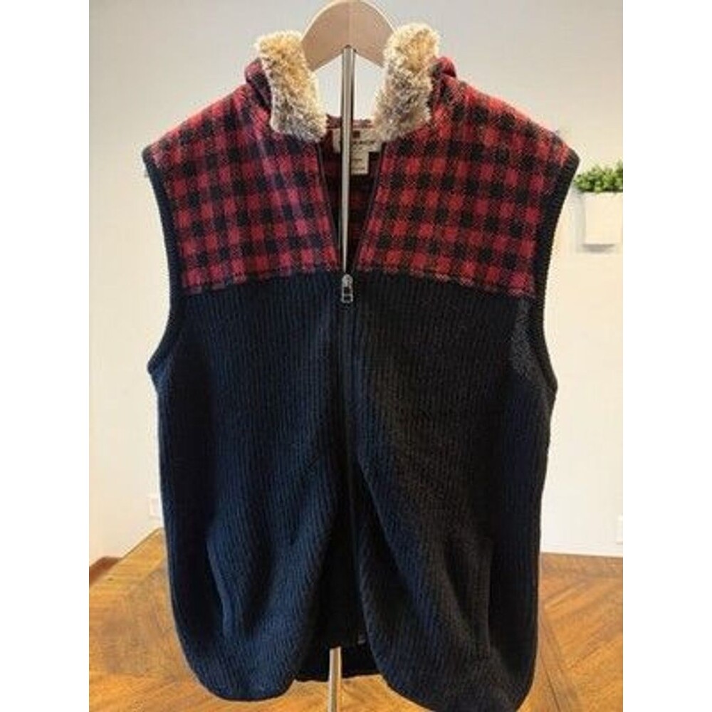 Woolrich Women's L Lambswool Vest Buffalo Plaid Faux Fur Hood Full Zip